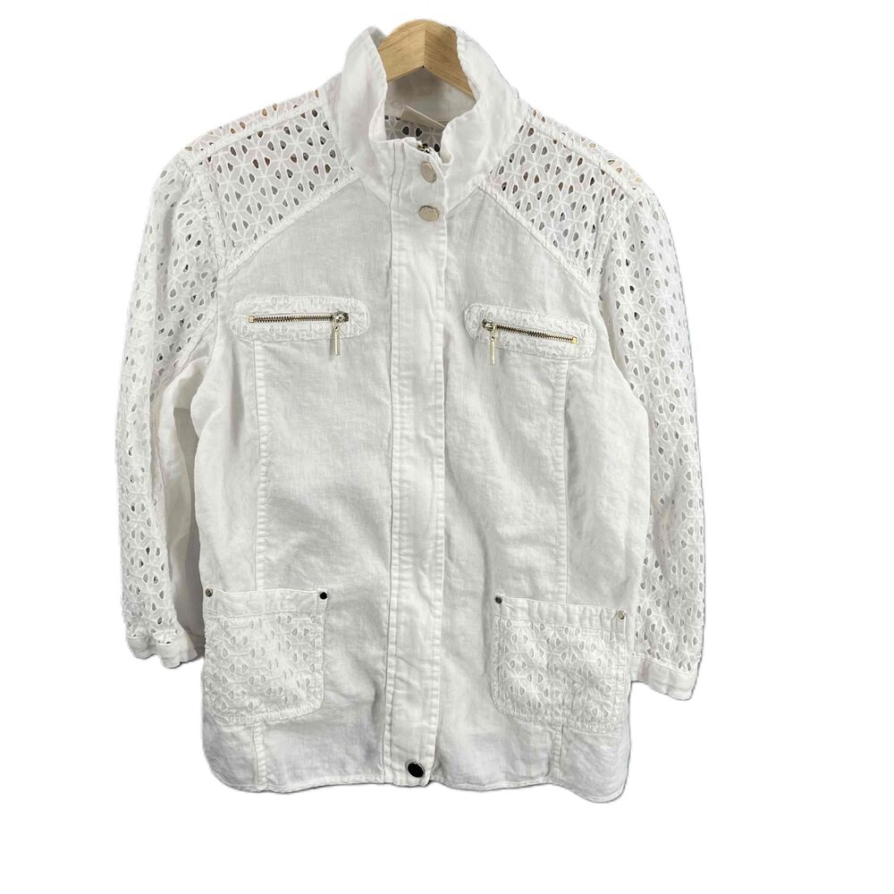 Chico's White Jacket Eyelet Zipper Pockets Lightweight Linen Womens Size 2 / M